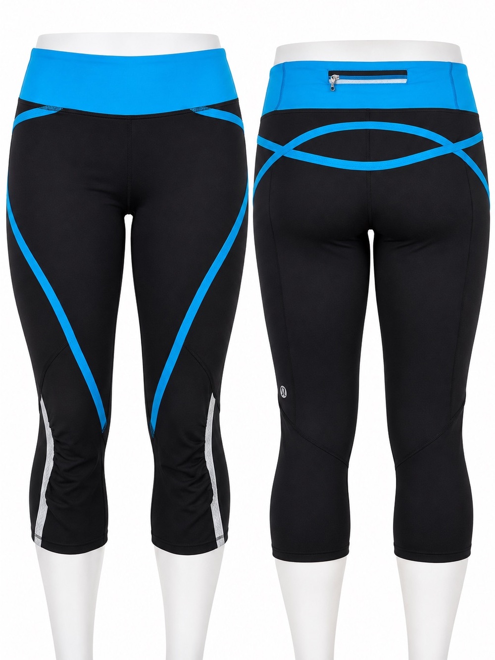 Lululemon Run Inspire Crop Leggings Size 8 Black Blue Reflective Running Capri
